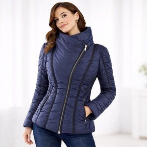 Zac Posen Navy Puffer Jacket with Asymmetric Zip & Black Trim